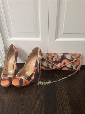Aldo Heels with Matching Clutch - Coral, Brown, Aqua